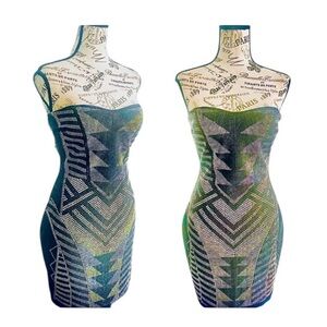 VA VA VOOM Gold Silver Blue Green Metal Beaded Dress M